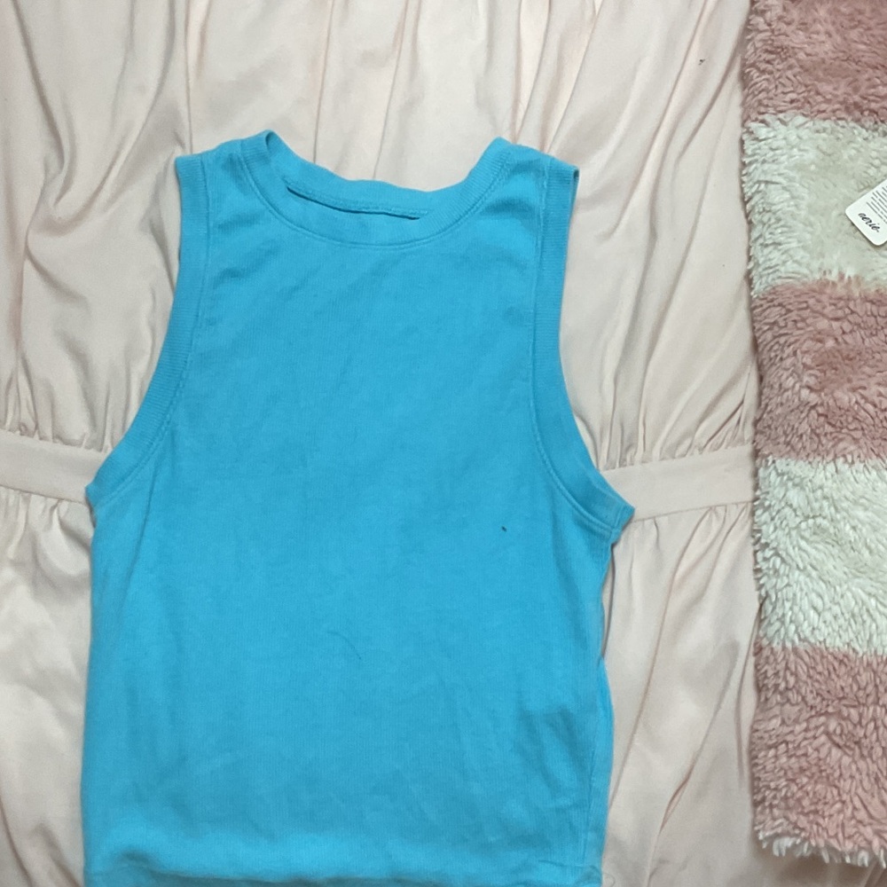 Blue Ribbed Sleeveless Tank Top